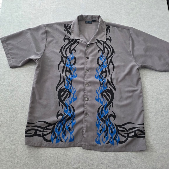 MT:2 Mens XXXL Grey Tribal Blue Flame Graphic Short Sleeve Button Up Shirt Y2K - Picture 2 of 8